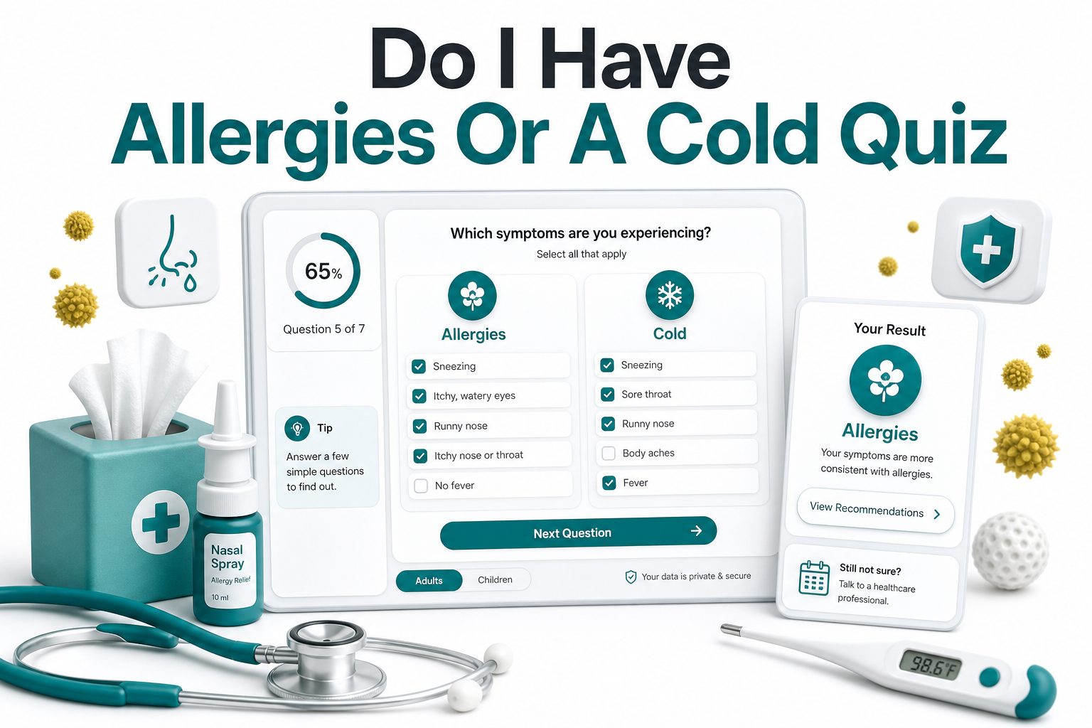 Person comparing allergy and cold symptoms while taking a health quiz on a laptop